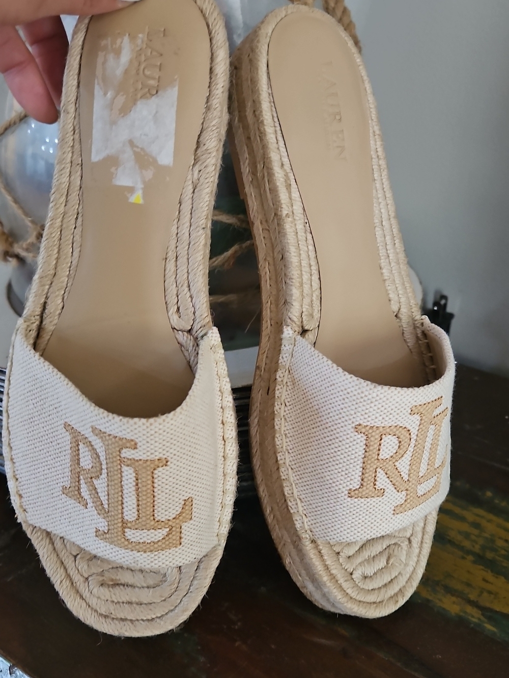 Ralph Lauren Cream and Tan Canvas Espadrille Wedge Slides
